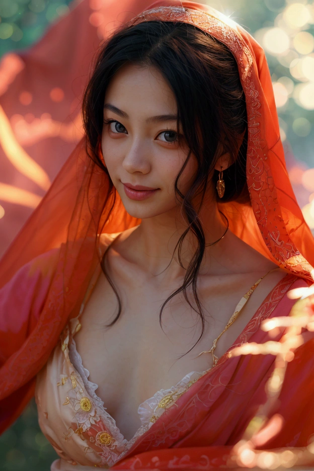 Luna Maya, (RAW photo:1.2), (photorealistic:1.4),(masterpiece:1.3),(best quality:1.4),ultra high res,(detailed eyes),(detailed facial features),((Opening part of the chest)), (detailed clothes features),HDR,8k resolution, skin tight, (((high detailed skin,visible pores))), dreamlike, (ulzzang-6500-v1.1:0.5),pureerosface_v1:0.2, face close-up, 1 girl, tall body, slim faces, body abs:1.2, , 30 years old, I-cup gigantic breast, wearing tight close red pastel floral silk malay gamis with hijab, full body, beautiful shy smile, wearing high heels