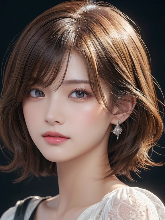 beautiful japanese woman、1 person,very pretty and slim、outstanding style 、((8K image、super high quality))、very delicate face, skin and hair、short hair、straggling hair,(((((gradient hair、brown hair))))),Very cute Japanese cut face、Eyes and nose are clearly visible、kind eyes,(((off shoulder sweater、simple background、looking at the viewer)))、full body shot
