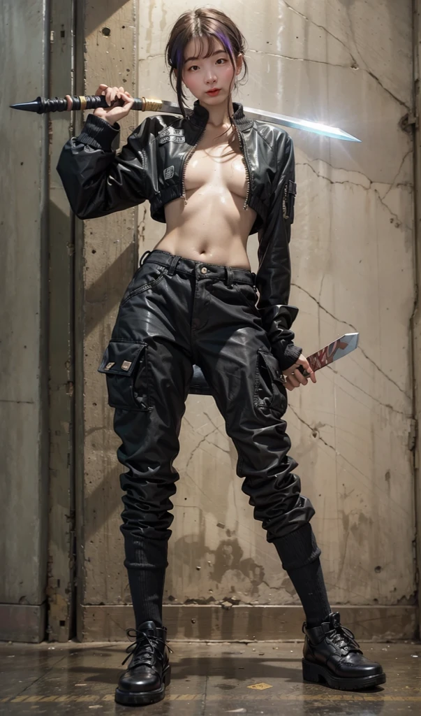 highest quality、Surreal、Perfect Anatomy、Crowded downtown area、Wet and shiny white skin、Slender model figure、Ahegao、blush、Rainbow Hair、black micro bikini、soaked、Super small face、Japanese sword、Collars and Leads、Natural lighting、Cyberpunk City、neon lights、urban techwear