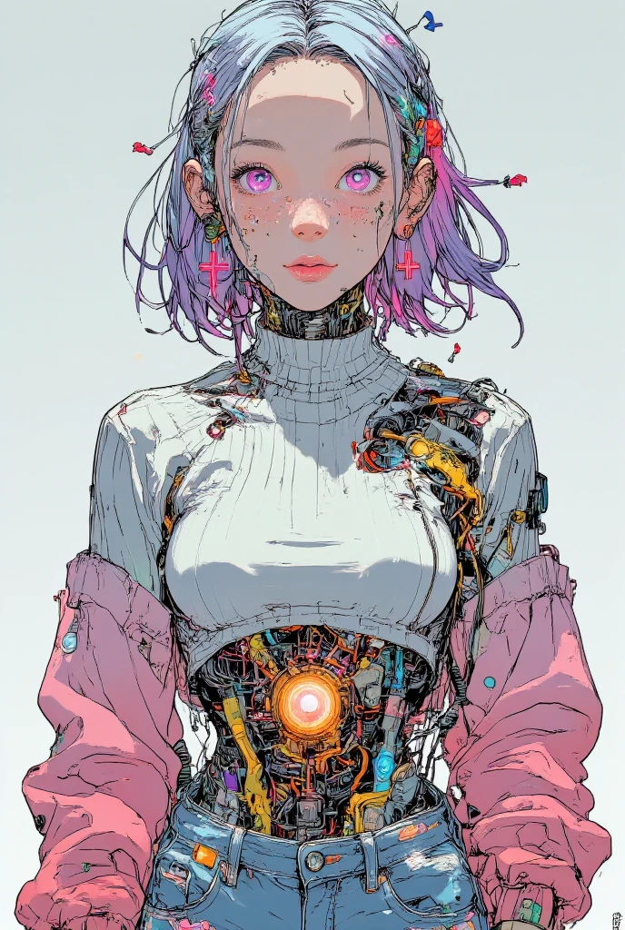 A stylish and futuristic illustration of a confident female cyborg with vibrant white hair tinged with soft purple highlights, styled in a chic, asymmetrical bob. Her expressive pink eyes, enhanced by long lashes, exude charisma, while her face is adorned with playful freckles and subtle makeup. She wears large, bold cross-shaped earrings in bright pink and a matching hairpin, adding a pop of color to her look.
Her outfit features a tight, white ribbed turtleneck sweater with voluminous pink gradient sleeves, blending modern fashion with a playful touch. Her midsection is exposed, revealing a highly advanced cybernetic core with a sleek design. The core is composed of polished yellow and metallic silver components, with glowing accents that suggest a blend of functionality and style. 
She pairs this with low-waisted, distressed jeans that showcase cyberpunk-inspired patterns and graffiti-like designs in neon colors. Her relaxed stance and slight smirk convey confidence and individuality. The background is simple and muted, drawing full attention to her vibrant and dynamic appearance. The overall atmosphere is futuristic, stylish, and full of personality.
dreadmirthart