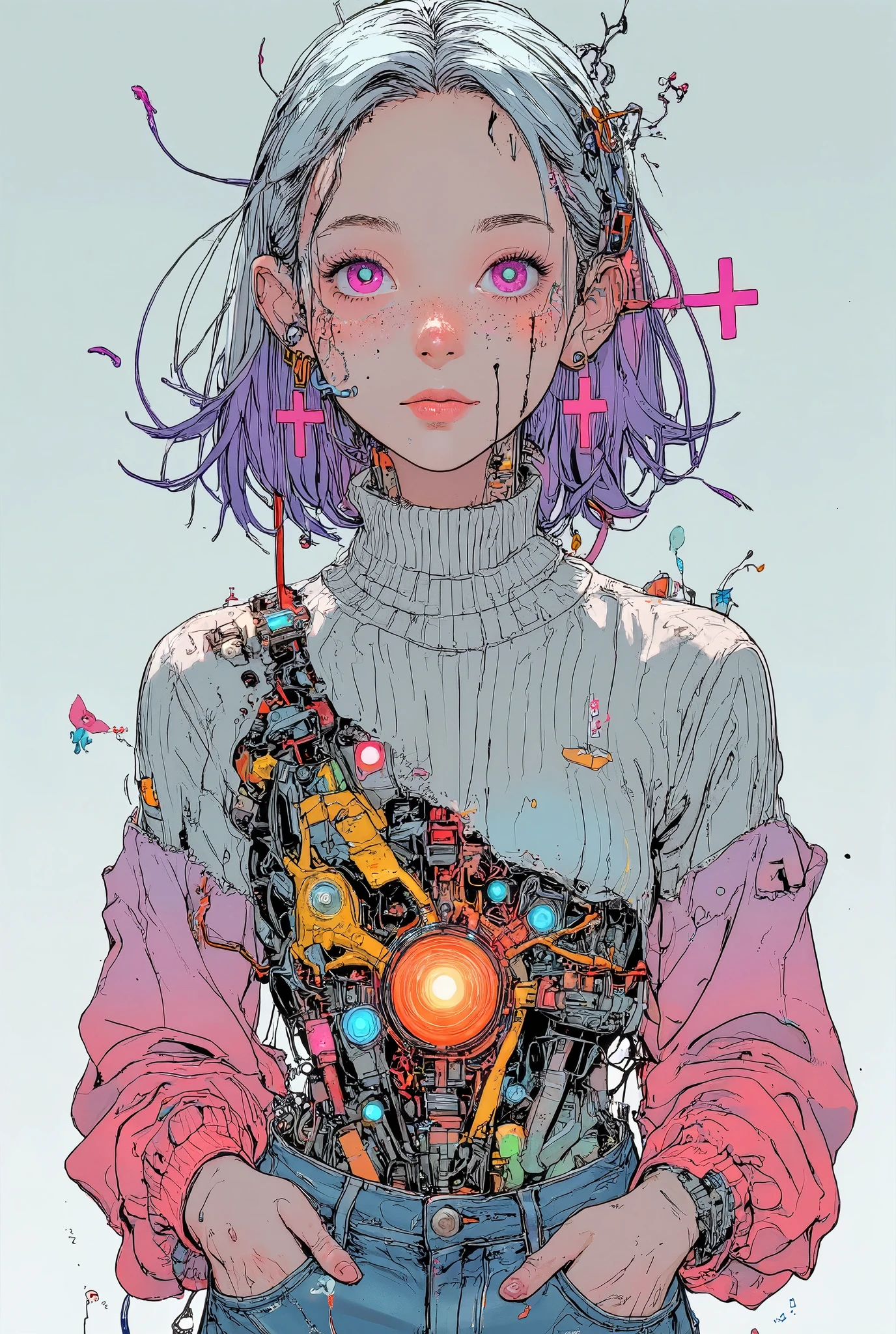 A stylish and futuristic illustration of a confident female cyborg with vibrant white hair tinged with soft purple highlights, styled in a chic, asymmetrical bob. Her expressive pink eyes, enhanced by long lashes, exude charisma, while her face is adorned with playful freckles and subtle makeup. She wears large, bold cross-shaped earrings in bright pink and a matching hairpin, adding a pop of color to her look.
Her outfit features a tight, white ribbed turtleneck sweater with voluminous pink gradient sleeves, blending modern fashion with a playful touch. Her midsection is exposed, revealing a highly advanced cybernetic core with a sleek design. The core is composed of polished yellow and metallic silver components, with glowing accents that suggest a blend of functionality and style. 
She pairs this with low-waisted, distressed jeans that showcase cyberpunk-inspired patterns and graffiti-like designs in neon colors. Her relaxed stance and slight smirk convey confidence and individuality. The background is simple and muted, drawing full attention to her vibrant and dynamic appearance. The overall atmosphere is futuristic, stylish, and full of personality.
dreadmirthart