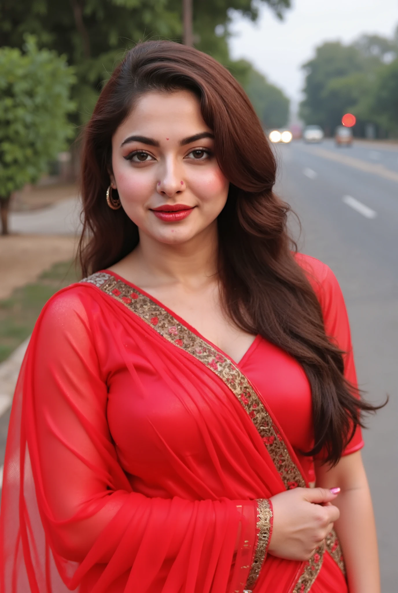 busty Pakistani (Hania Amir),(big breasts), candid photo of A Pakistani busty beauty teen with satin red Saree, , busy Pakistani street, (tiny satin blouse with cleavage), (big cleavage:1.3), her eyes are on the road, Midjourney style photo
