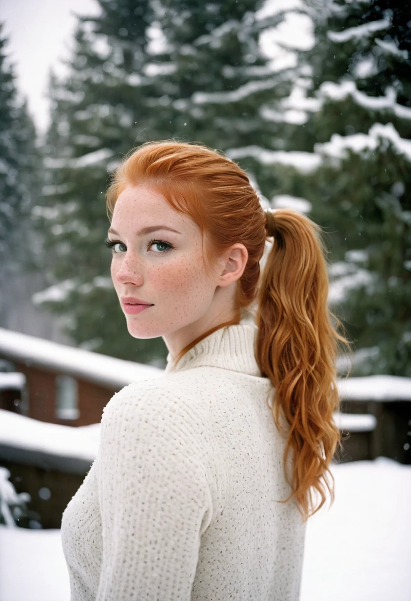 Portrait photo captured on Kodachrome 400 film. The setting is a snowy backyard with trees covered in snow. "Stacey, a tall, young woman with a fit, athletic frame featuring toned arms, a sculpted torso, a narrow waist, strong, shapely legs, and a modest, perky bosom. She has rounded shoulders, pale skin with freckles, and long strawberry blonde hair styled in a ponytail with bangs that cascade down her back."

 poses naturally, surrounded by soft, diffused light reflecting off the snow. The image features classic black-and-white tones with high contrast and fine grain