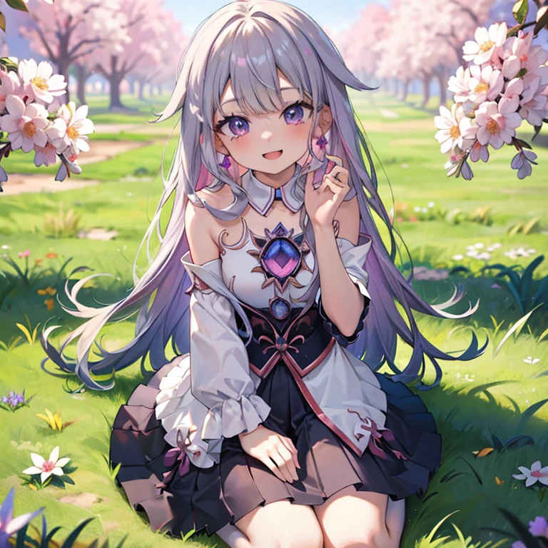 (( top quality )), ((masterpiece)), (  Details), ( super high res)、koseki_bijou、 Hololive 、solo、
 Silver Hair、 long hair、 purple eyes、 cute、  is short、 flat chest、
 perfect face、Perfect Hair、超 Detailsな瞳、超 Detailsな肌、
 sitting on the grass、walliza、 angle from above 、
 smile with open mouth、 looks up、
grassland、 professional lighting、
