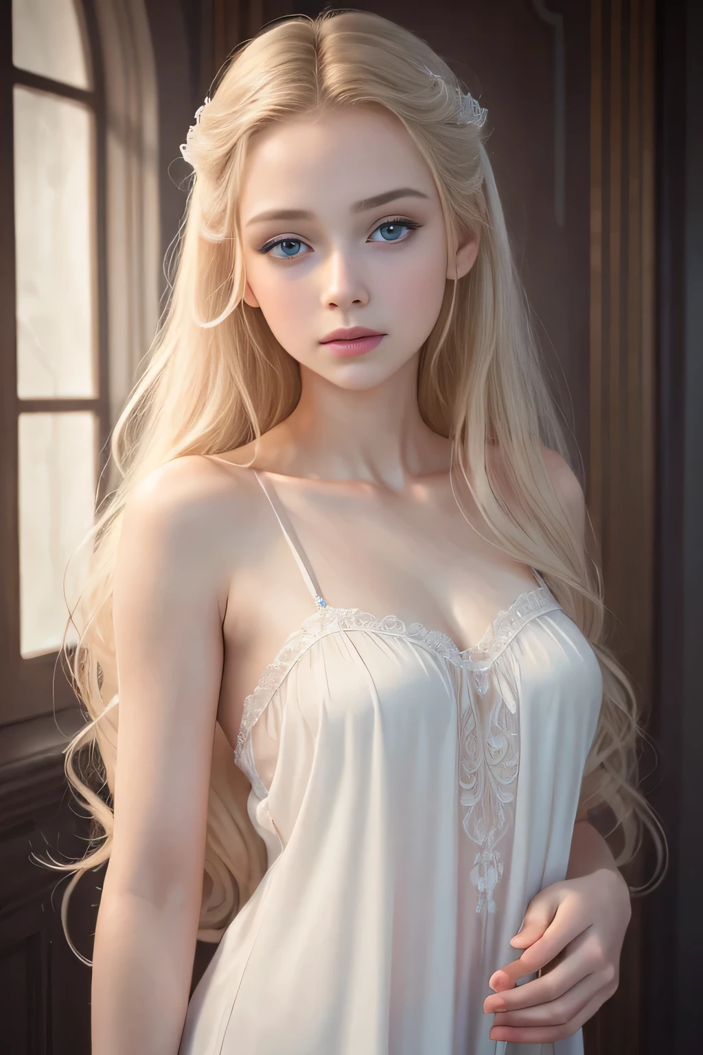 Beautiful little medieval Russian princess 7 years old, long straight blonde hair, blue eyes being harassed and groped in a dark room with a transparent white dress by a man over 35 years old touching her legs, kissing her breasts