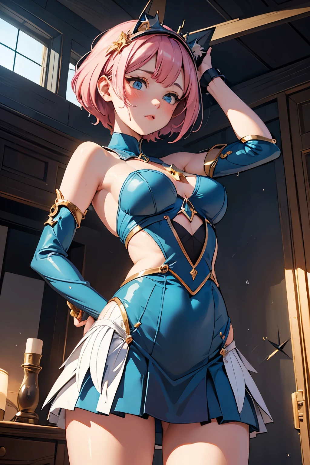 Hadesukida has a light blue body and wears a showy multicolored outfit consisting of a light green leotard with yellow and orange frills, purple cape with yellow spots, and yellow mask that covers her head entirely. She additionally has pink and red hair poking out her mask. SPARKLE; GLITTER