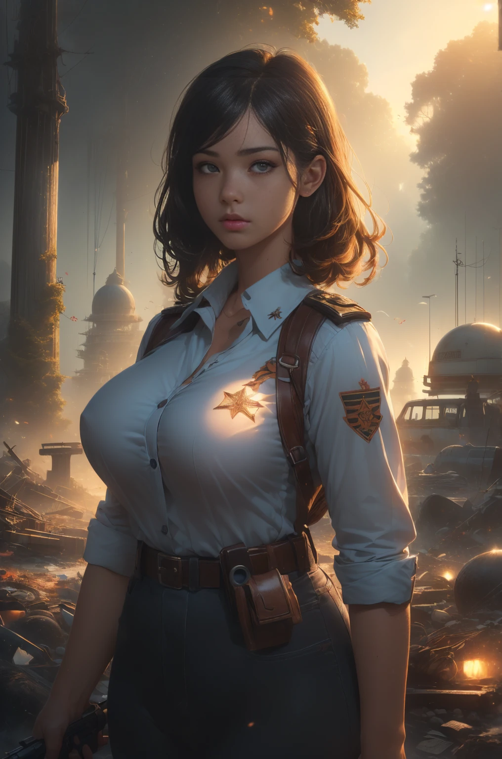 ((masterpiece, highest quality, Highest image quality, High resolution, photorealistic, Raw photo, Extremely detailed CG unified 8k wallpaper)), (huge stunning goddess shot, very hot and sexy, jaw-dropping beauty, perfect proportions, gigantic breasts), , (a lot of freckles on face), (a sexy young a woman dressed as an army soldier, a sleeveless shirt), (Various stickers and marks on the uniform), (revealing_clothes), (Skin is shiny with sweat), (holding a Pistol, with a large tattoo on her's shoulder), (holding an old rifle in her's hand), (a calm expression with a slight smile), (Pacific island base, beach, hot sun, heat, summer, a World War II), Doutzen Kroes