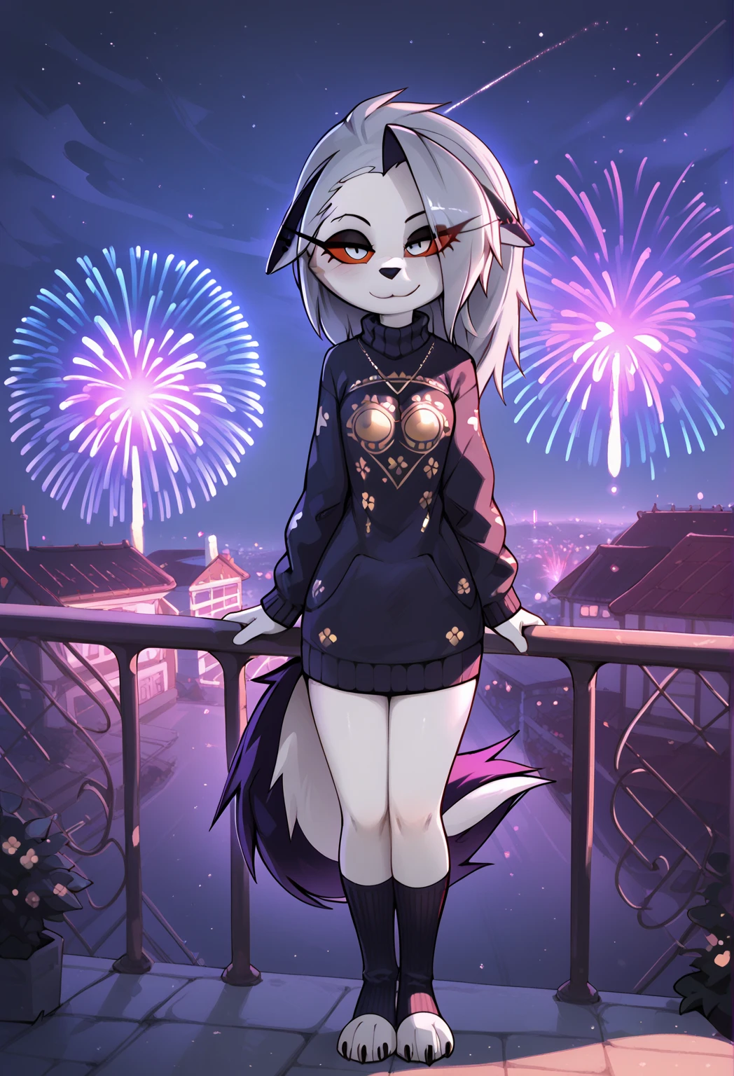 Loona, female, hellhound, busty, wearing a sleeveless swimsuit, tail, outside in the night sky, looking at fireworks, standing, posing, happy, hd 8k, high resolution,