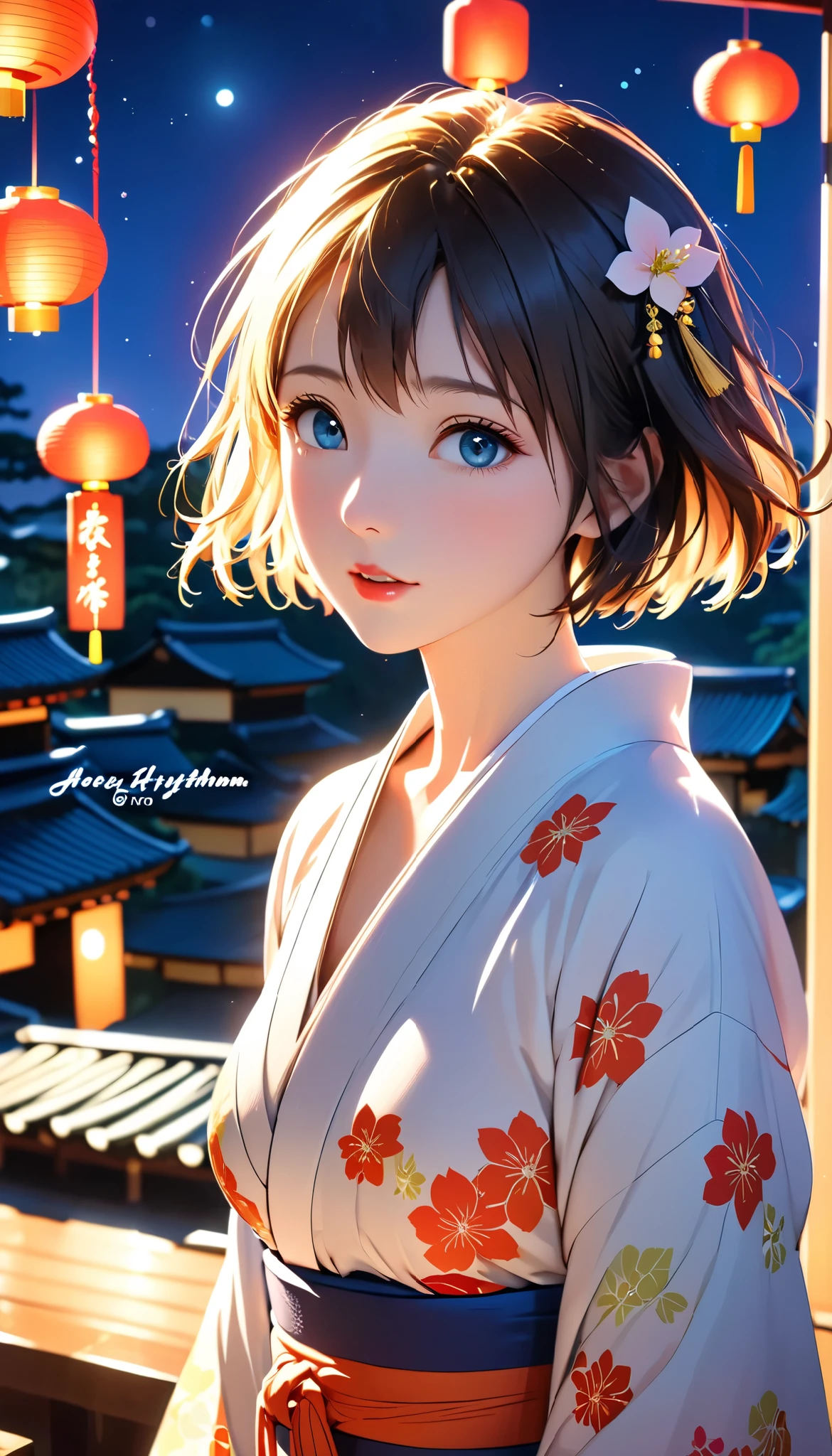 masterpiece, high res, illustration, Kyoto animation style, movie style: your name, night , mid night , Gentle Light, Fascinating Light, (1 female: 1.3), (Alone: 1.4), has long eyelashes, short bob, nose_, open_mouth, futon, , kimono,  , Kirarhythm, dynamic perspective, perspective, Bokeh, Depth_of_Field, from_ Down, (natural breasts:1.2), (Uplifted and well-defined bust:1.2), new year, hatsumode, new year decorations