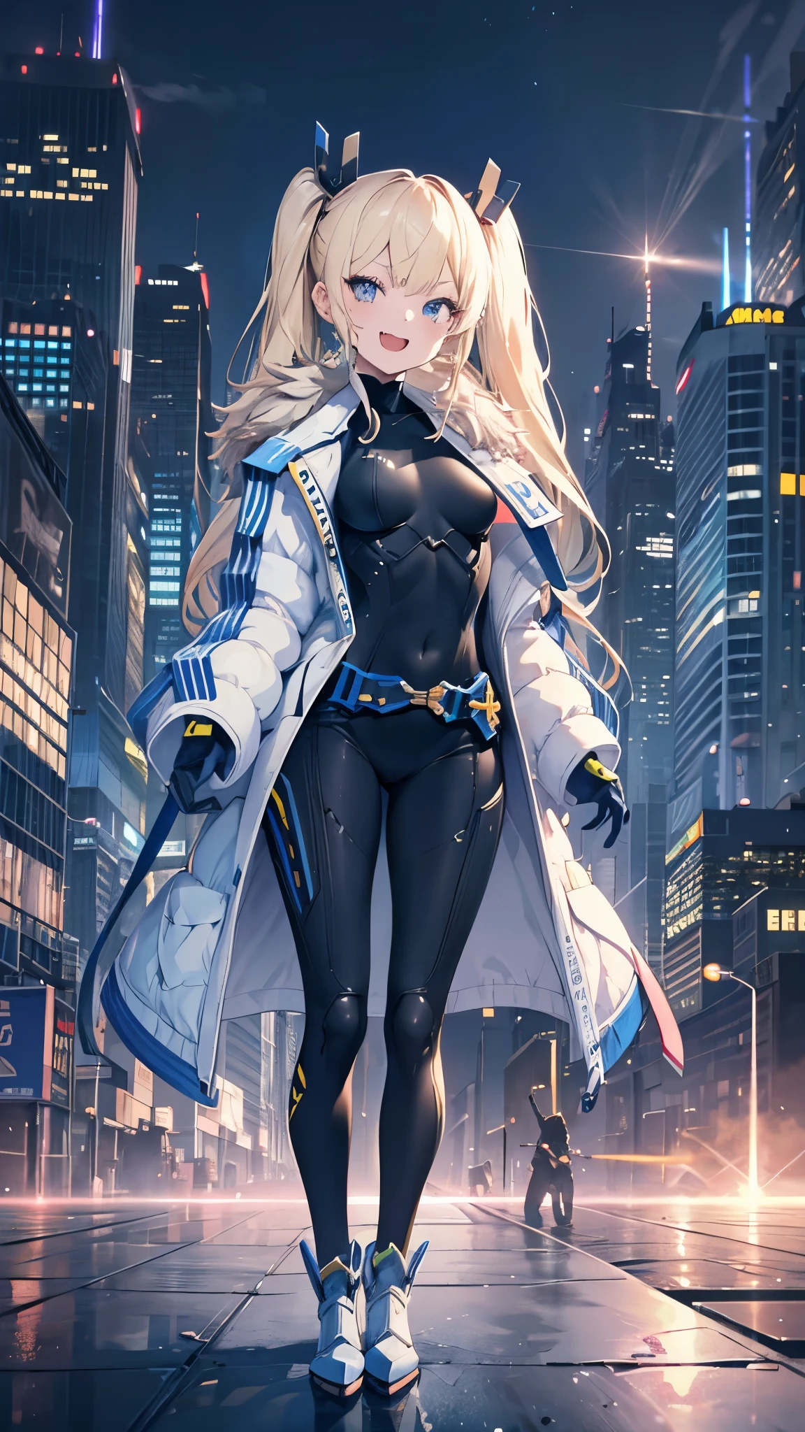 masterpiece, best quality, integrated scenery, integrated background, extremely delicate and beautiful, meticulous details, good composition, , cute face, perfect face, perfect hands ,1petite_girl,masterpiece, young_teen,highest quality,laplace,hair ornament, belt,white_front_open_coat_on_black_bodysuit,fur trim, gloves, blue boots,(upper body),open mouth,(put hands_on_hips),(Standing_in_honor),big_Smile,happy, smug_face, laugh,open_mouth,fang, bandage_on_cheek,:3 ,navel,groin, futuristic_cityscape_background,