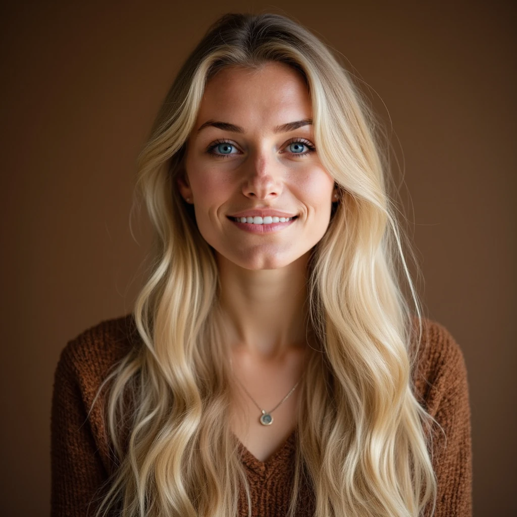 A Scandinavian-inspired woman with blonde, long, naturally flowing hair, featuring soft and delicate facial features typical of Swedish or Norwegian heritage. She has a warm, friendly smile and an approachable demeanor. The background is in a coffee