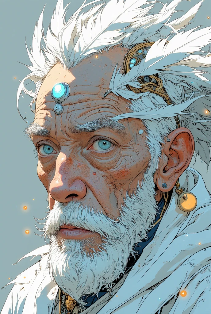 A stunning close-up portrait of an elderly man adorned with pure white feathers that gracefully surround his head and shoulders. His deeply wrinkled face exudes wisdom and serenity, while his striking blue eyes gaze thoughtfully into the distance. His thick white eyebrows and beard blend seamlessly with the soft, delicate feathers, creating an ethereal and harmonious appearance.
The feathers are intricately detailed, their soft texture and radiant whiteness adding a sense of purity and transcendence to the scene. The lighting is gentle and diffuse, highlighting the manâs facial features and the intricate details of the feathers. The neutral gray background keeps the focus on the man and his celestial-like adornment.
The overall atmosphere is one of tranquility and mysticism, evoking themes of spiritual wisdom, purity, and the interconnectedness of nature and humanity.
