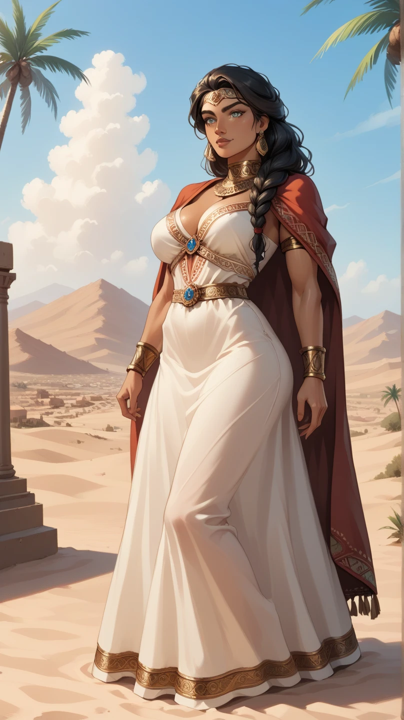 "Masterpiece, top quality, super detailed, ultra-high resolution illustration in retro 1990s and 1980s style. A Saudi Arabian Bedouin warrior and a Viking woman share a romantic moment under a desert sky at dusk. The warrior is very handsome and muscular, with light brown tanned skin, black hair, a neatly trimmed goatee, and golden hazel eyes. He wears intricate, ancient Arabian warrior attire adorned with gold accents. The Viking woman is stunningly beautiful, with porcelain-clear, glossy skin, flowing blonde hair, and light blue eyes. She wears a fur-trimmed cloak and a subtly revealing Viking dress. The dynamic angle captures their full bodies as they gaze at each other passionately, framed by a muted color palette and a detailed background of sand dunes, palm trees, and a distant moonlit oasis."