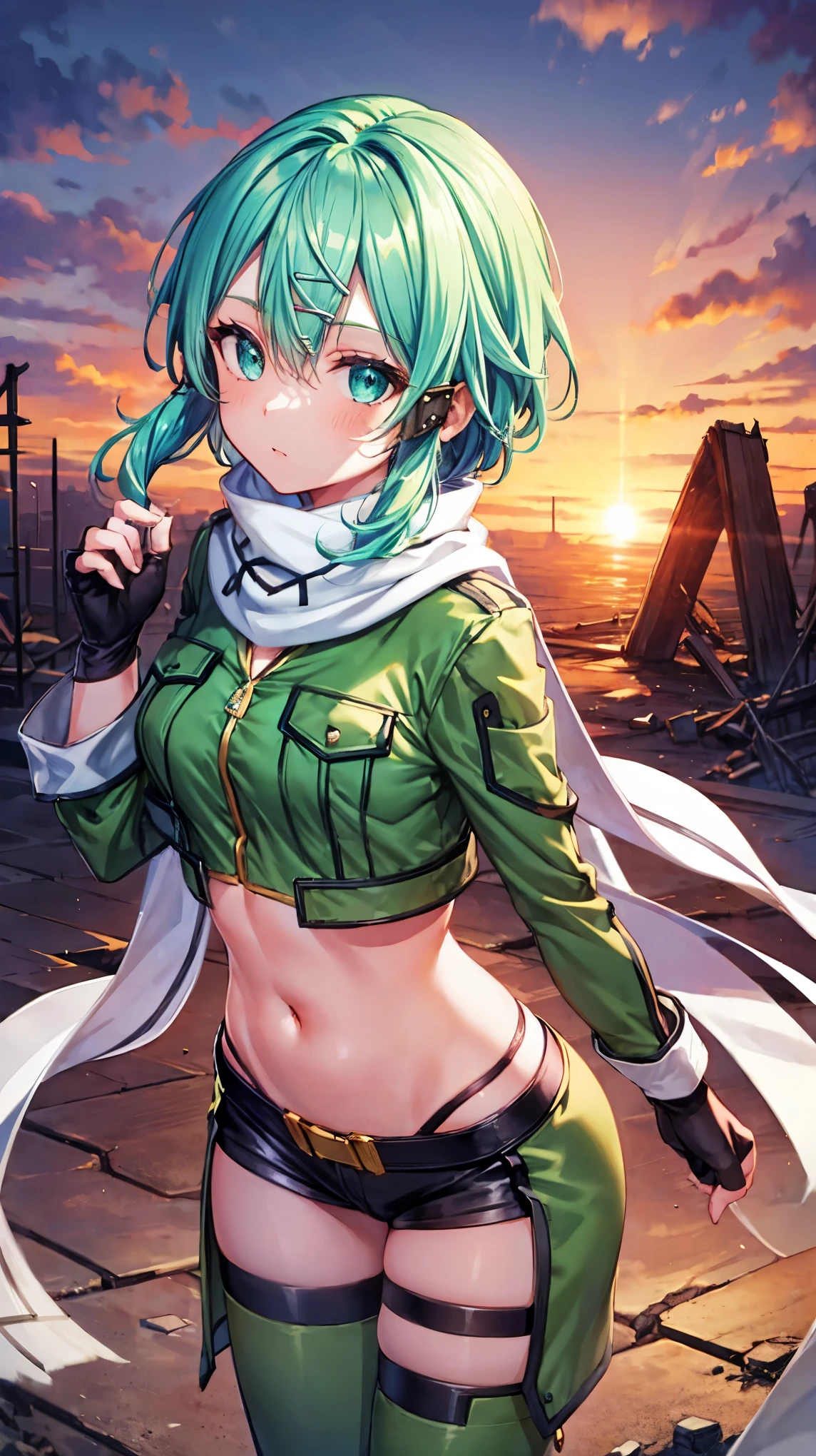 (masterpiece), best quality, expressive eyes, perfect face, highres, sinon1, scarf, fingerless gloves, long sleeves, short shorts,groin, hair ornament, hairclip, green thighhighs, green jacket,covered_nipples, thigh strap, field, sunset_ruins_landscape_background, ruined structures, dynamic_posing, looking at the viewer,,covered_navel,