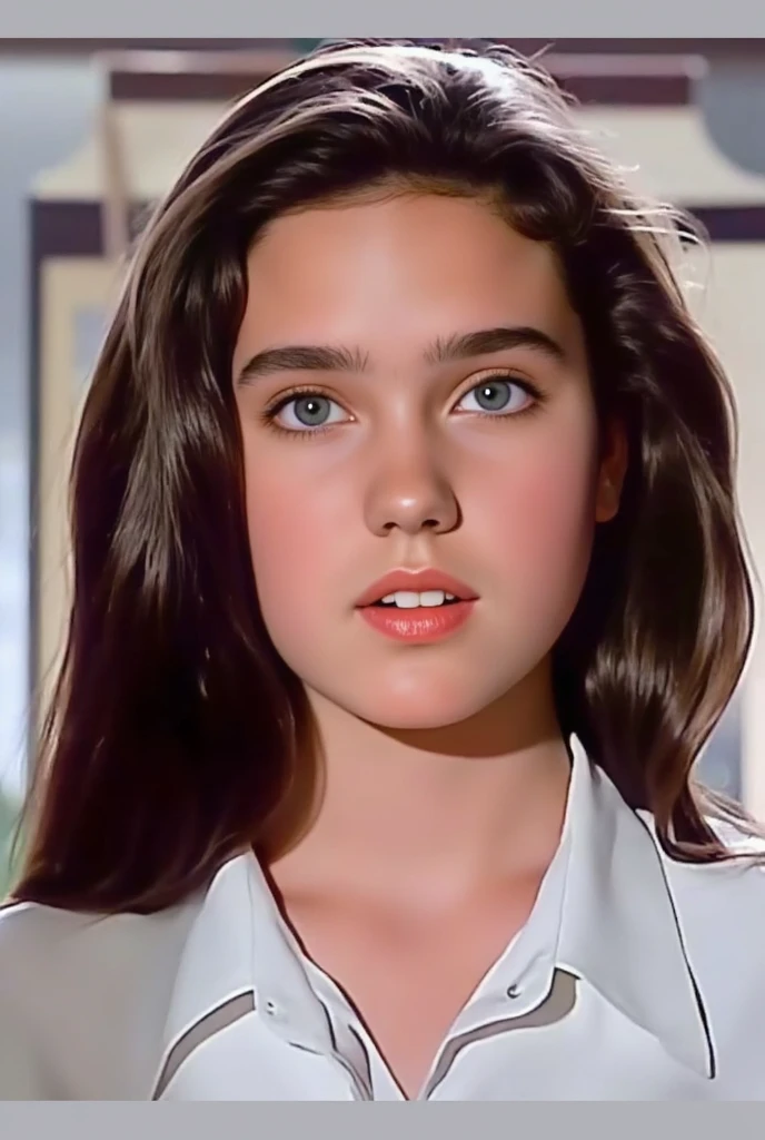 (masterpiece, best quality:1.3), 1girl, Alone, front view,
she wear white shirt.,
young Jennifer Connelly at , 
(the immaculate whiteness of her skin is accentuated.),
with cute face yet with precocious female body,
no make up, flawless pale skin, 
healthy youthful fresh succulent smooth fair skin,
plump cheeks, 
scooped nose arched high with a turned-up tip,
plump blreasts, broad shoulders, 
shiny long dark hair fluttering,
(she is smiling radiantly.),
under bright light illuminating on her face,
she is in a bright room.,