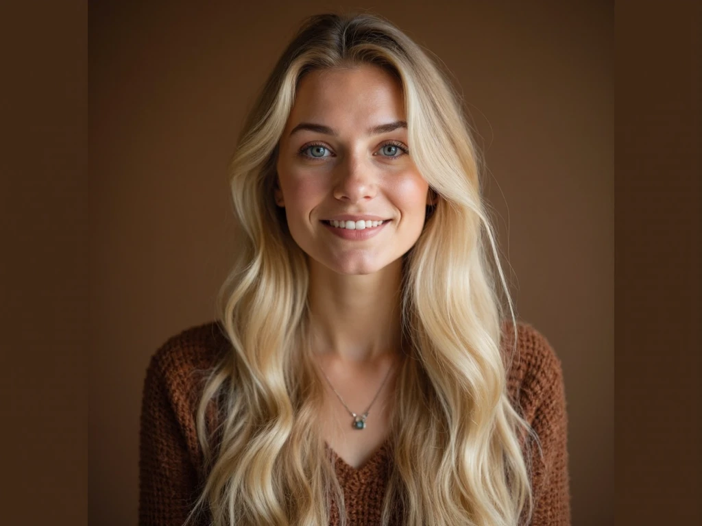 A Scandinavian-inspired woman with blonde, long, naturally flowing hair, featuring soft and delicate facial features typical of Swedish or Norwegian heritage. She has a warm, friendly smile and an approachable demeanor. The background is in a coffee