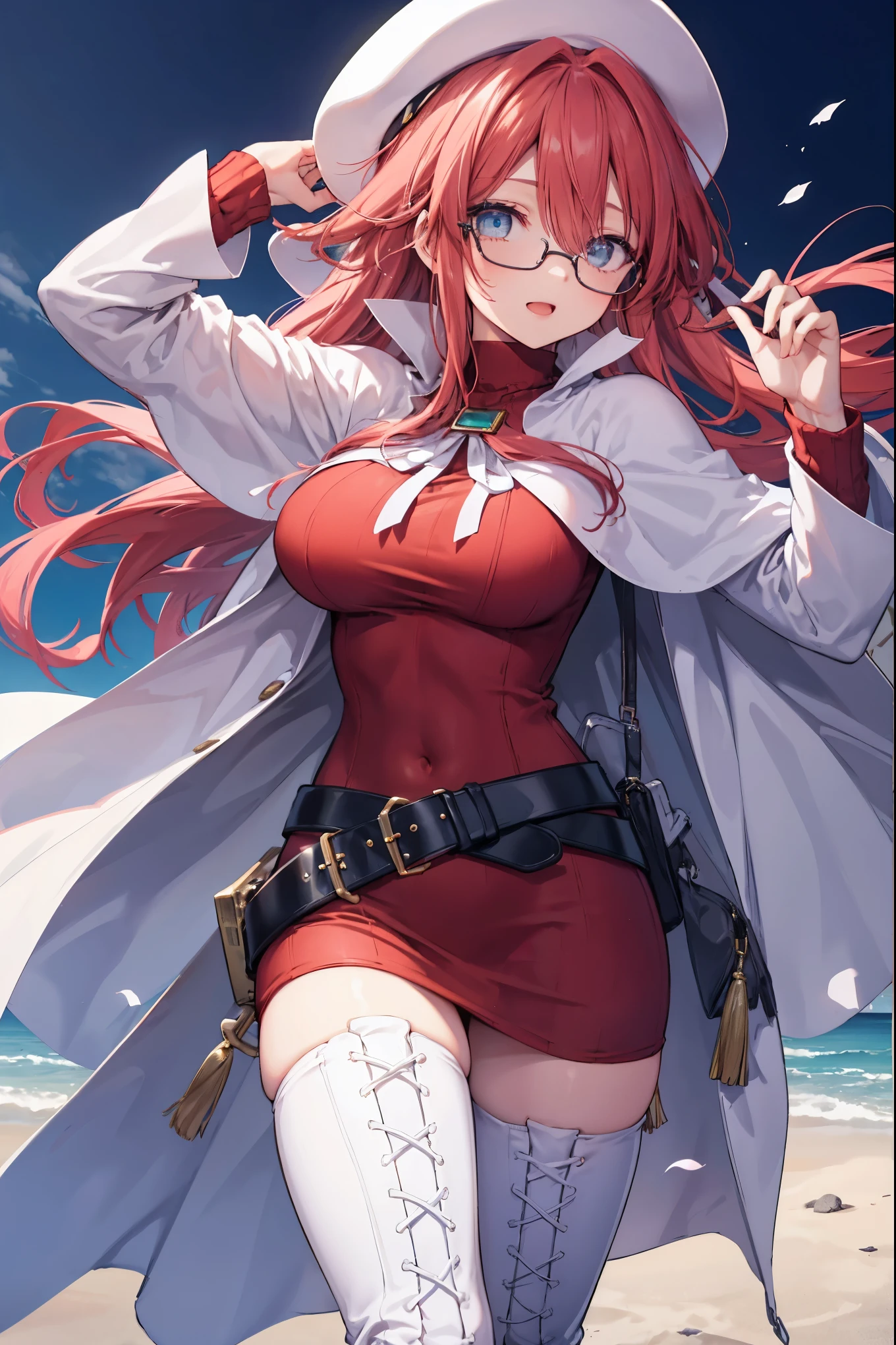 summonnightaty, aty, (young:1.3),long hair, blue eyes, red hair, large_beret, hat, glasses,
BREAK long hair, thighhighs, hat, dress, boots, glasses, belt, cape, sweater, zettai ryouiki, beret, thigh boots, white footwear, ribbed sweater, loose belt,solo,
BREAK outdoors, fantasy,on_beach
,Highquality_hads,perfect_fingers,
BREAK (masterpiece:1.2), best quality, high resolution, unity 8k wallpaper, (illustration:0.8), (beautiful detailed eyes:1.6), extremely detailed face, perfect lighting, extremely detailed CG, (perfect hands, perfect anatomy),covered_nipples,covered_navel ,half_eyes,long_sword,sleepy,standing,red_sweater,apart_knees,magical_effect,spread_legs, have_a_book,teacher,rise_knee,Smile,rise_hand,look_down_viewer,spread_arms,