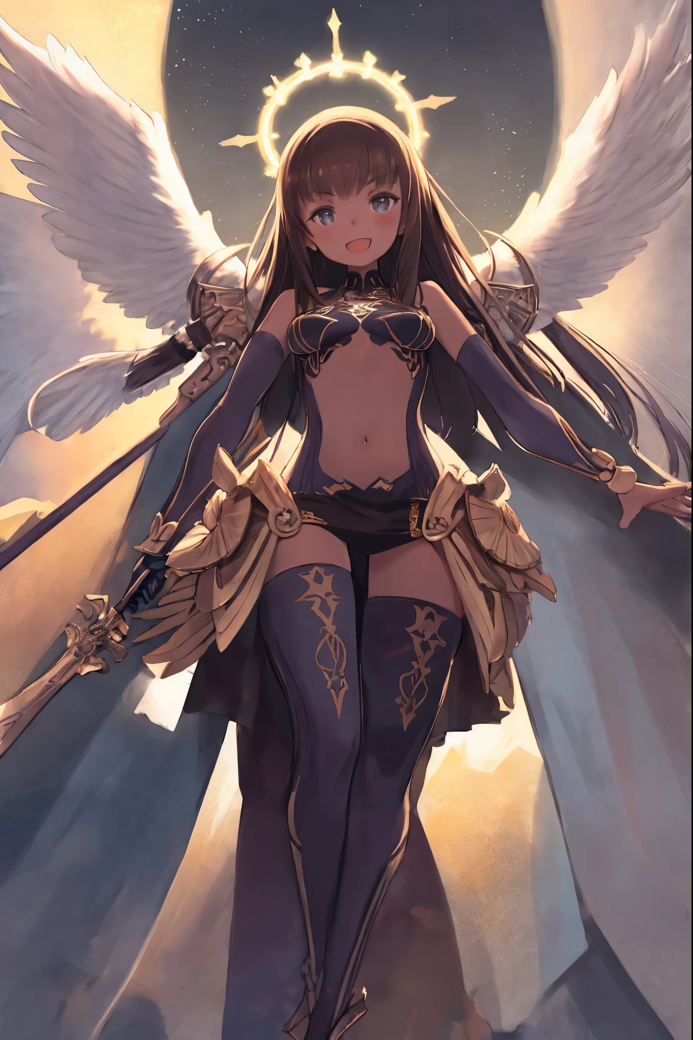 fantasy, 1angel_girl,, ,brown_hair, medium_bob_hair, long_bangs, halo,bare_shoulder,thighhighs,silver_armor, waist_armor, large_breasts,angry,grinning,open_mouth_teeth, 1pair_wings, dynamic_pose_fighting,floating, bare_crotch, headgear,gauntlet, greaves,city_sky_background,slightly_spread_legs, solo, groin_naked,