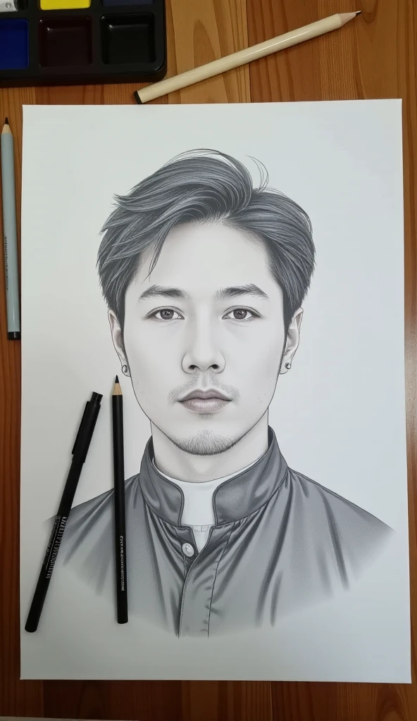 A pencil drawing of jockey Manami Nagashima that looks very similar to him. short hair.