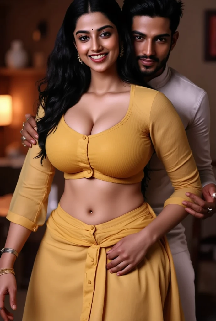 young thick meenakshi with mature saggy breasts, a thin deep neck blouse, showing off curves, belly dance, kissing cat, hourglass figure, men hugging from behind