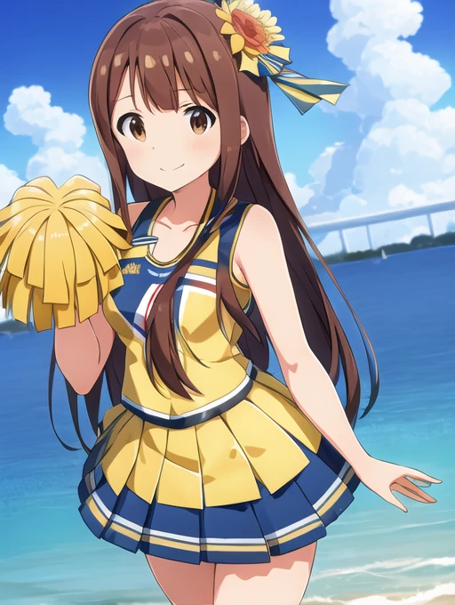 Tanaka Kotoha ( million people live), ( top quality , 8k, masterpiece,  ULTRA DETAIL:1.2),  dynamic pose,  Cinematic Angles ,   light particles, Sparkle,  beautiful detailed eyes,  glowing skin,  shiny hair ,
sea, day, 斑点のあるday光,  blue sky,  Beautiful Clouds ,  Beach ,
 mermaid,  mermaid tail below waistline,  1 girl, Alone,  skirt,  Cheerleading Clothes, smile,lawn,Show stadium viewers, cowboy shot, Dutch angle to the side, dynamic pose, open your mouth, clavicle,  hair flower,  viewers, 