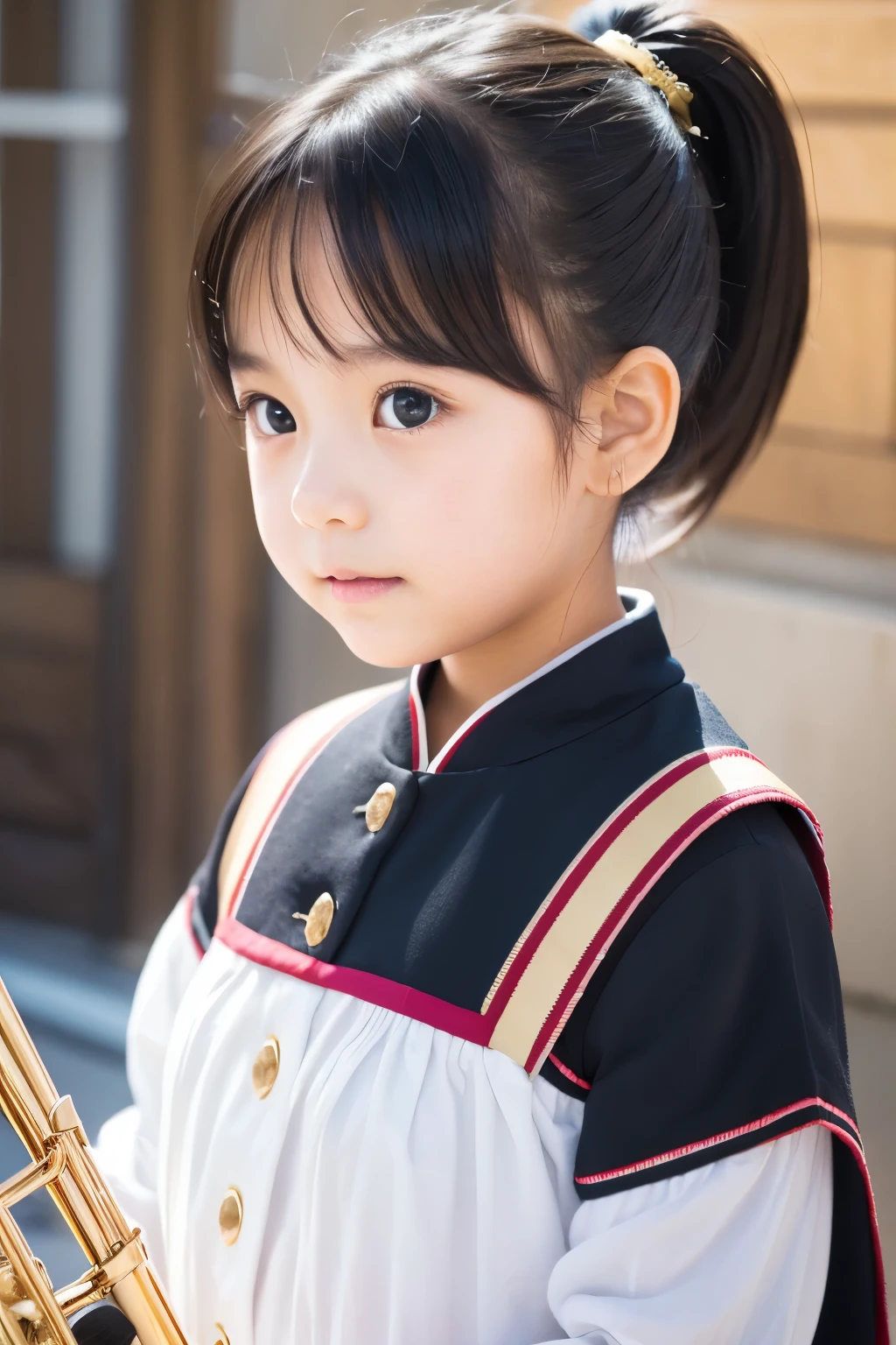 Real life adaption of this character ,The beauty face of a little girl, realistic same hair The front of her hair has bangs, (realistic same outfit wear kimono), realistic background , realistic light, realistic shadow, realism, hyper realistic,(photorealistic:1.2), normal small eyes