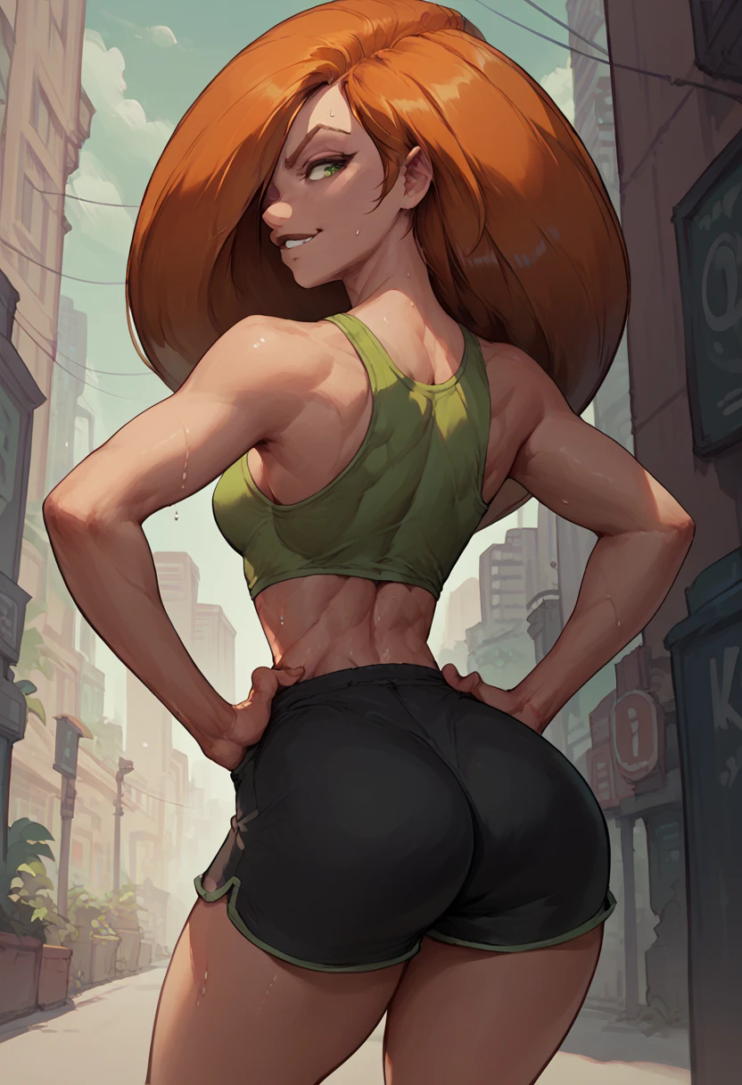 , from behind, Alone, 1 , Kim Possible, Sweat, smirk,  looking back ,  hands on their own hips,   long hair,  hair over one eye , green sports top, black shorts,  short shorts , in this,  outdoor,  city street 