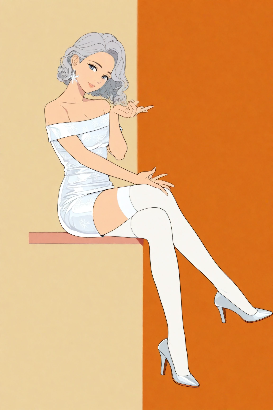 ((masterpiece)), ((top quality)), depth of field, high res, pops art style illustration, flat color illustration, vector trace illustration, not realistic, 2d shading, 1 female, 24 yo, mature, beautiful, charming, elegant, feminine gestures, perfectly detailed eyes, perfectly detailed face, perfect face, shiny silver hair, bob hair, soft wavy hair, bright silver eyes, thin lips, bare shoulders, (balanced hands and fingers), (beautiful hands and fingers shape), slim waist, wearing a white mini dress, off-shoulder dress, tight fitting dress, white lace stockings, white High heels, silver snowflake earrings, orange background, red and black theme, 