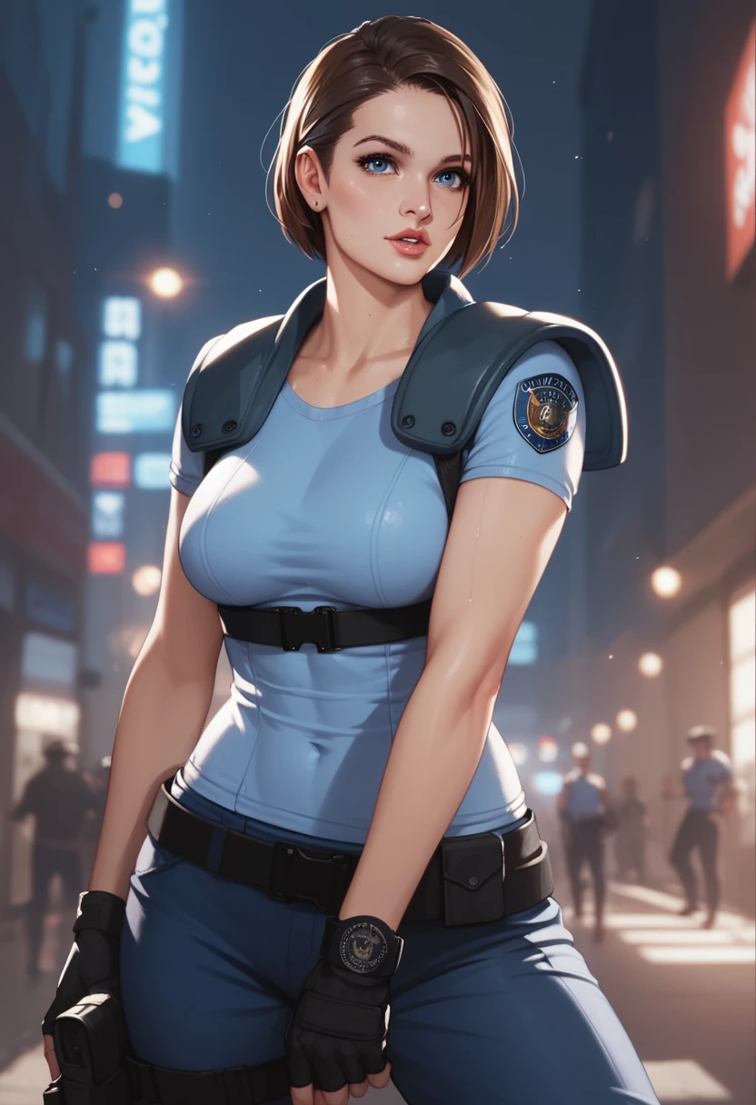 Jill Valentine dressed as a cop in action, com sua arma em punho