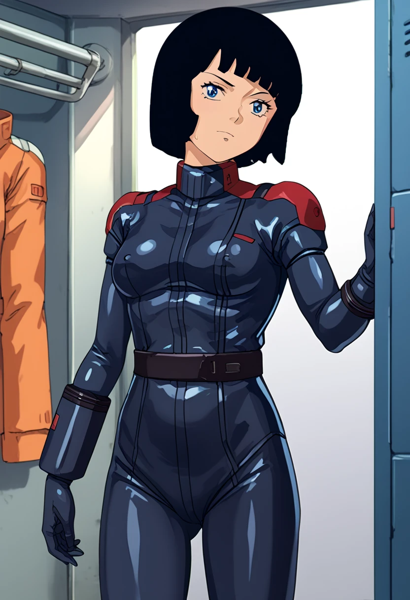 Z Gundam pilot suit, (   black pilot suit for piloting a machine:1.5) 、,score_9、 score_8_   up、 score_7_   up、  Destroys Top Quality 、 Refined details 、   source anime 、   1 girl、、Fa Yuiry, blue eyes、Black Hair、 bob cut、bangs、 short hair、  locker room 、 shirt lift、, (Open the clothes:1.5),Nipples,Areola、  sexy pose taken from the butt、 shot from butt,   Enchanting Poses  ,,  ,   seductive smile 、hanger、hangerにかけられた制服