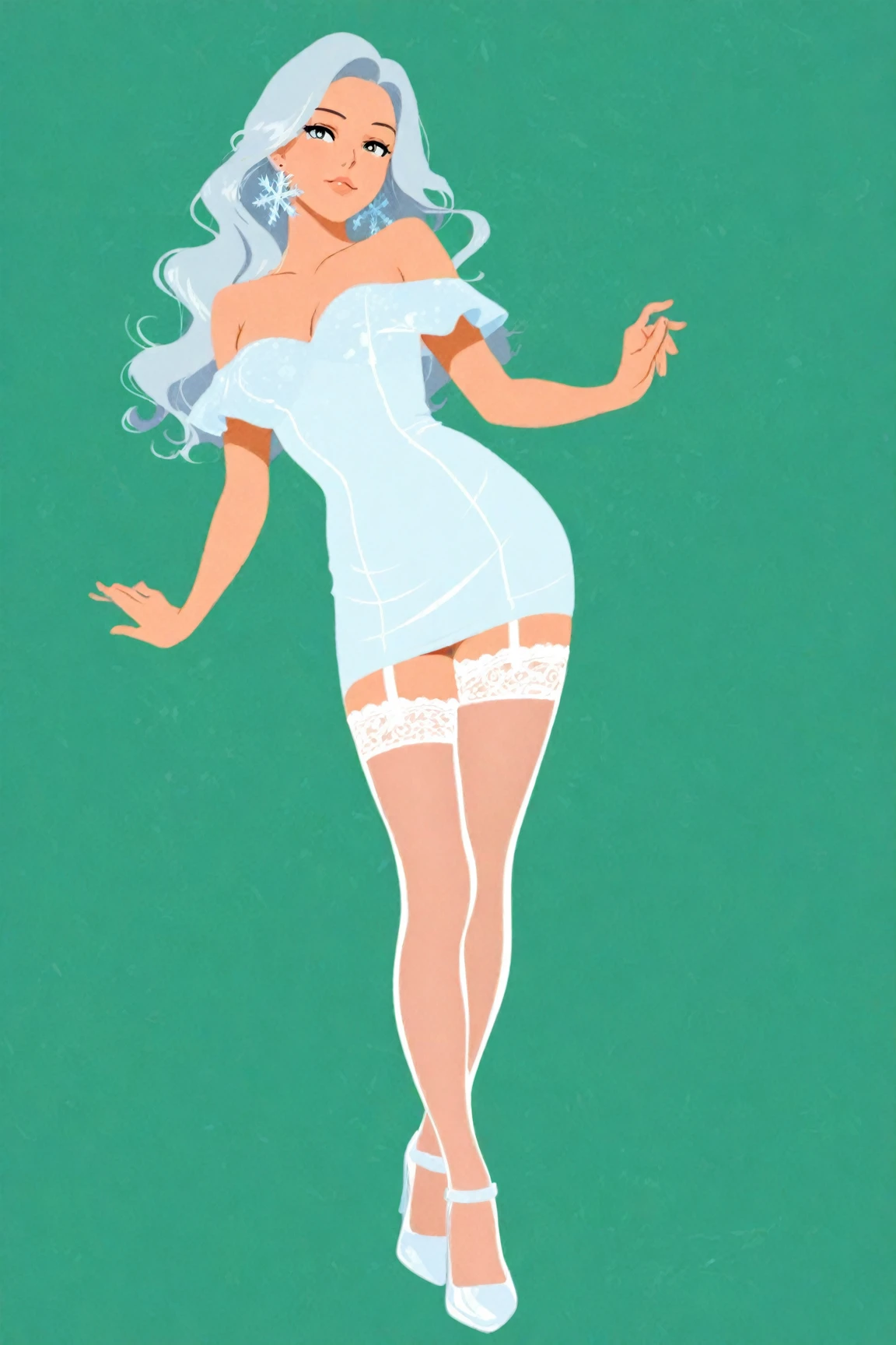 ((masterpiece)), ((top quality)), depth of field, high res, pops art style illustration, flat color illustration, vector trace illustration, not realistic, 2d shading, 1 female, 24 yo, mature, beautiful, charming, elegant, feminine gestures, perfectly detailed eyes, perfectly detailed face, perfect face, shiny silver hair, bob hair, soft wavy hair, bright silver eyes, thin lips, bare shoulders, (balanced hands and fingers), (beautiful hands and fingers shape), slim waist, wearing a white mini dress, off-shoulder dress, tight fitting dress, white lace stockings, white High heels, silver snowflake earrings, green background, red and black theme, 