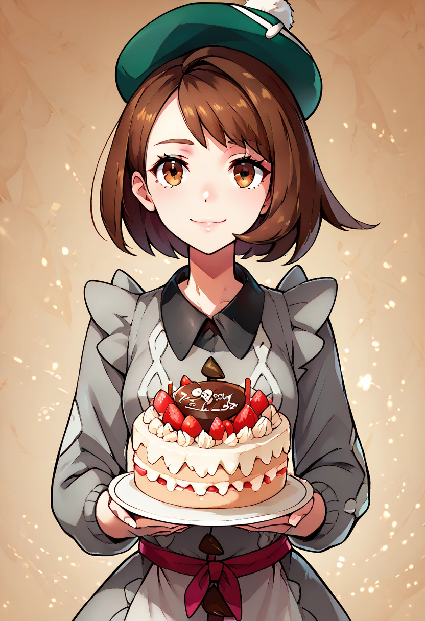 score_9, score_8_ up, score_8,  medium breasts, (Curvy),  cute,  eyelash ,     
 has cake,

Gloria ( Pokémon), Brown Hair,  brown eyes, Green hat, grey cardigan,  maid clothes,miniskirt
Smile ,  viewers, 
 abstract background ,  green direwolf ,
zPDXL, Expressiveh