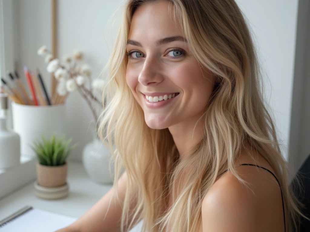 A Scandinavian-inspired woman with blonde, long, naturally flowing hair, featuring soft and delicate facial features typical of Swedish or Norwegian heritage. She has a warm, friendly smile and an approachable demeanor. the background is in her appartement working on her desk 