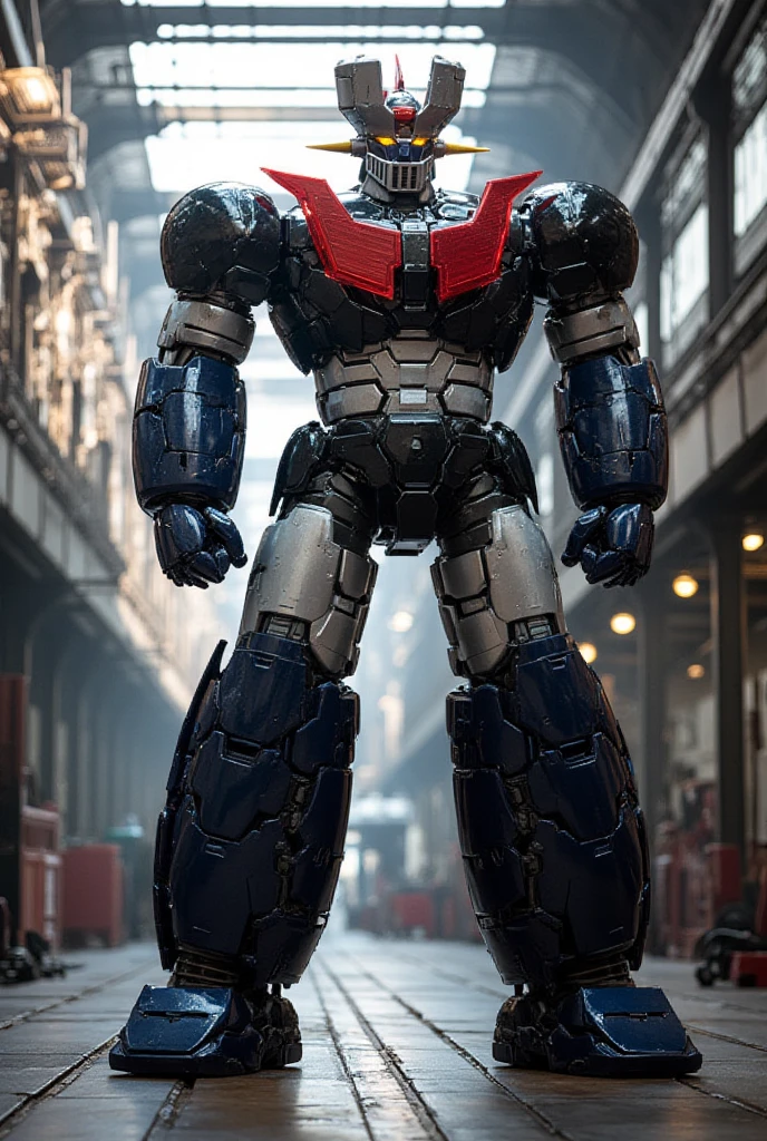   A very realistic smart version of Mazinger Z with the latest design and full body refinement, It stands at a massive height of 98 meters .  constructed with modern materials such as steel ,  Carbon Fiber ,  other industrial elements are also visible ,  just like the real thing , Rugged exterior .  and is set in a large indoor plant facility maintenance shop ,  the appearance of Mazinger Z standing around ,  illuminated by natural light 、Realistic shadows and accentuated massive structures using Gundam technology . The floor emits fine LED light 