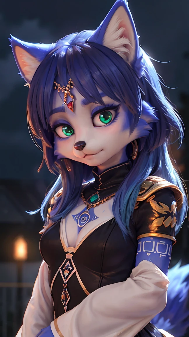 A beautiful and detailed (sweet portrait) von ((Krystal)), Sternenfuchs Krystal, Schlank, liebenswert, green eyes, medium breasts, (((Lange blaue Haare 1.3))),  ((schwarze haarspitzen)), Dekollete, Grinsen, hoch schauen,, anthro, Pelzig, Hochgeladen E621, detailed flauschige fur, (von Fluff-Kevlar, Bayard Wu, Personalami, Pino Daeni), detailliertes Gesicht, (flauschige), 1 girl, Allein, wears a Gakuran , befindet sich in einer schule, spielt gitarre