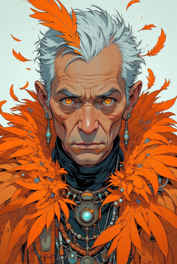 A striking portrait of an elderly figure draped in an elaborate orange feathered cloak, exuding wisdom and dignity. The figure has deeply lined facial features, with intense yet warm golden-hued eyes and thick white eyebrows that accentuate their expressive face. Their short, silver hair is adorned with a few orange feathers, adding a ceremonial and naturalistic touch to their appearance.
The feathered cloak is vibrant and voluminous, with layers of soft, flowing feathers creating a dynamic and regal presence. Small feathers appear to be floating in the air around them, adding a sense of movement and mysticism. They wear a pair of pearl earrings and a traditional beaded necklace, enhancing their majestic and symbolic aura.
The background is neutral and understated, allowing the intricate details of the figure and their garments to stand out. The overall atmosphere suggests a sacred ritual, a figure deeply connected to nature, or a representation of an elder embodying wisdom and tradition.
