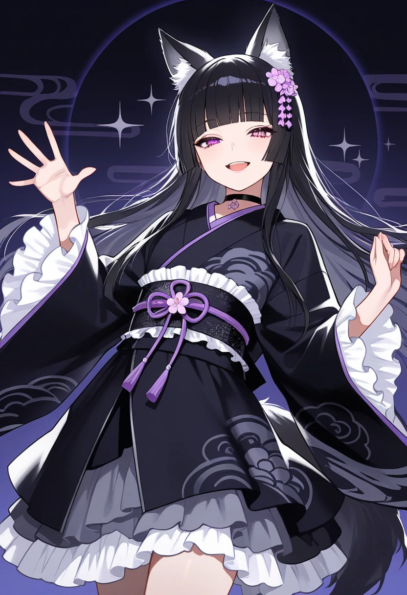 1boy,girlish-boy,wolf ears, wolf tail,black hair,long hair, choker, (((blunt bangs))), gothic kimono,frilly wide sleeve,sash, open mouth smile, wave hand,
masterpiece,best quality,ultra detailed, very aesthetic, hyper small and clean characters in hyper cute line style illustration, 