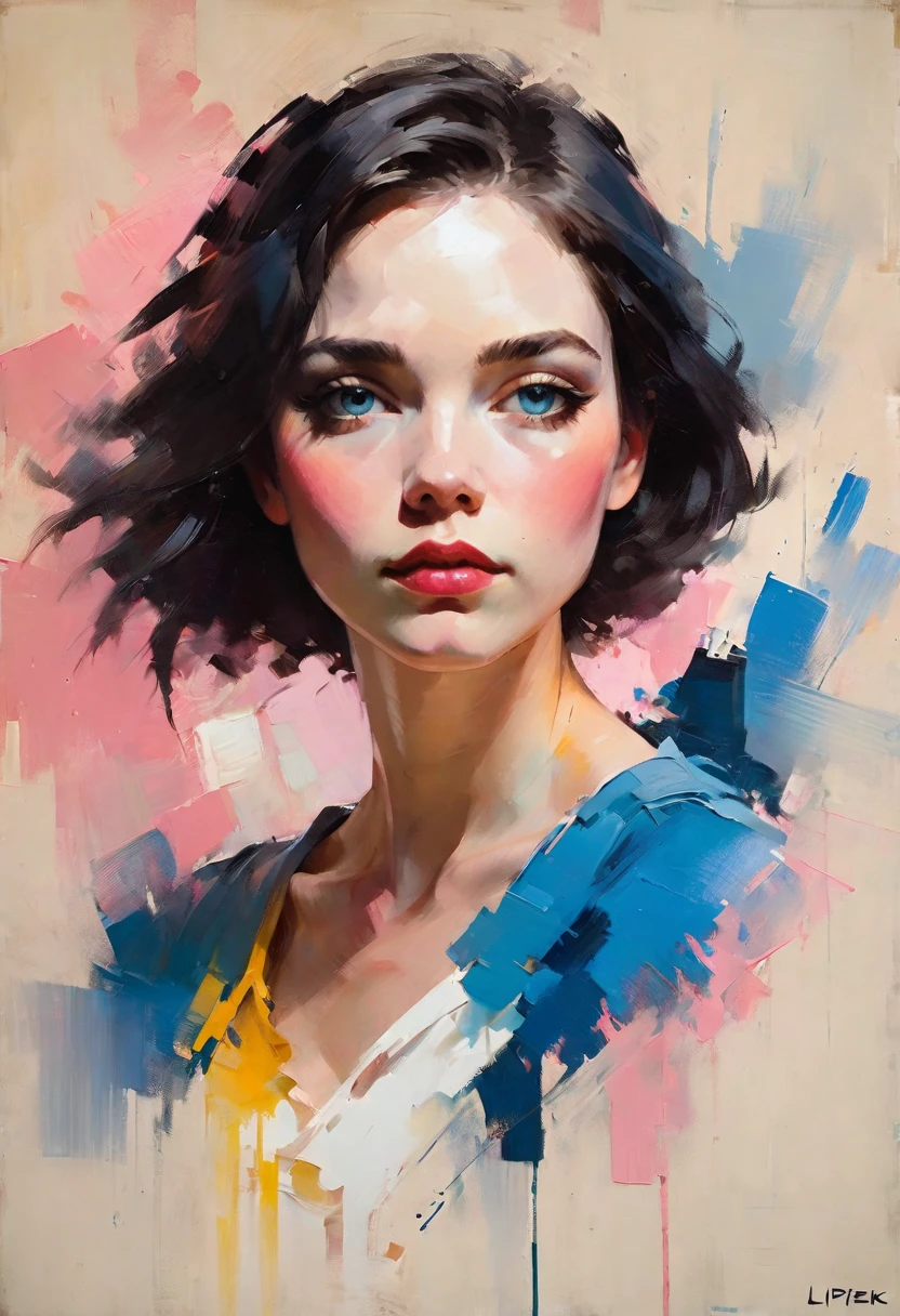 Create a contemporary portrait of a person in the expressive and painterly style of Malcolm Liepke, utilizing a palette of light pink, muted blue, dark grayish blue, bright blue, very dark gray, and light grayish blue. The portrait should feature a close-up of the subject's face with strong, dynamic brushstrokes and a focus on capturing the depth and texture characteristic of Liepke's work. Use light pink and bright blue for the highlights and vibrant areas, while employing muted blue, dark grayish blue, very dark gray, and light grayish blue to create shadows and depth. Ensure the background complements the portrait with subtle variations of the same color palette, evoking a sense of modern elegance and emotional intensity