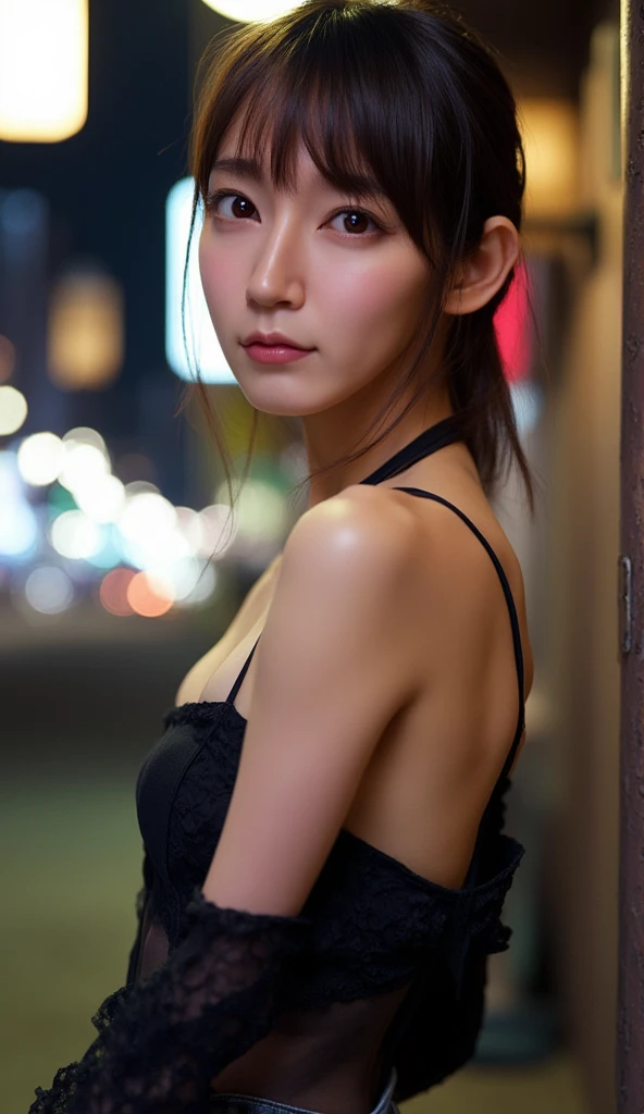 portrait photography, beautiful young woman with transparent western tunic dress, eyes visible through hair, proper eye position, natural skin, backlight, cinematic light, rim light, soft light , hips, in night time, city side background, detailed color graded background, intricate , highly detail, octane render, HD, 8k, by Annie Leibovitz