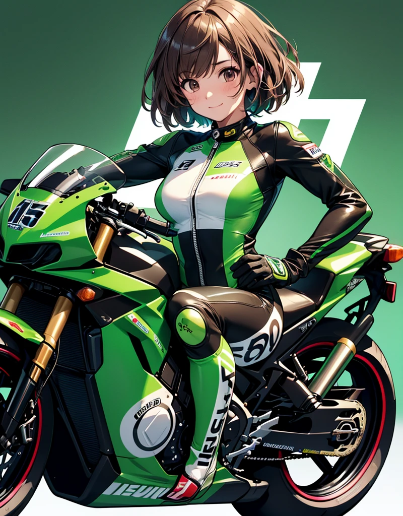  1 girl, solo,  high res, chest,  blush,  smiles,  short hair , bangs,  brown eyes,  high res, masterpiece, accurate,  anatomically correct,  wins numerous awards, 最 High Quality , high detail,  high definition model ,  High Quality ,  retina,  very detailed,  Ultra Fine, Brown Hair, standing, ((( GREEN LEATHER RACING SUIT ))), circuit field background , GREEN SPORTS BIKE ,  wear a green racing suit all over, Leather gloves,  open your mouth and laugh, Highlight the whole body,  don't reveal your skin, During a circuit race, Motorcycle circuit , motorcycle circuit,  racing suit with sponsor logo , ( 1 girl, Well-proportioned body,  cute face,  short hair:1.2), (最 High Quality ,  high res,  anime style to cover left eye,  Motorsports rider with digital drawing mode  ,  realistic :1.1), MotoGP rider,  pose beside a Moto GP bike with a helmet in hand,  depth of field ,  Circuit Background ,  detailed texture with helmet in hand, No. 15, 