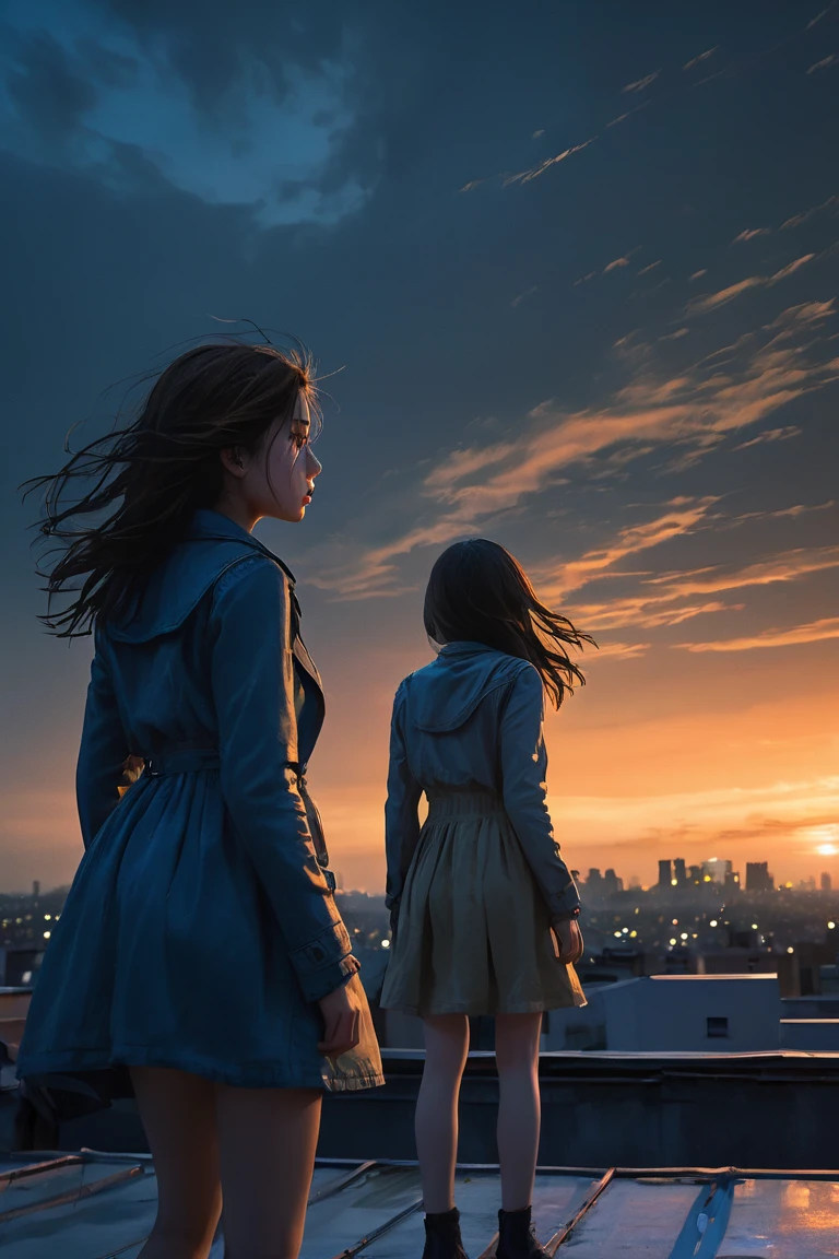 A dramatic and emotional scene of two girls on a rooftop at night. The background features a dark, moody sky with a faint moonlight glow on the horizon, creating an intense atmosphere. The cityscape below is blurred and faint, emphasizing the height and danger. One girl stands on the edge, her hair blowing in the wind, her posture showing hopelessness and resignation. The other girl is approaching carefully from behind, her hand outstretched, desperate to save her. The camera angle is from behind, showing the interaction between the two girls. The colors are dark, with shades of blue and gray dominating, accented by the soft orange glow of the horizon, and the rooftop edge shows a subtle crack, hinting at danger.