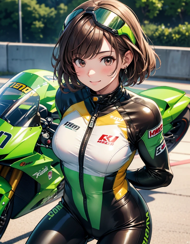  1 girl, solo,  high res, chest,  blush,  smiles,  short hair , bangs,  brown eyes,  high res, masterpiece, accurate,  anatomically correct,  wins numerous awards, 最 High Quality , high detail,  high definition model ,  High Quality ,  retina,  very detailed,  Ultra Fine, Brown Hair, standing, ((( GREEN LEATHER RACING SUIT ))), circuit field background , GREEN SPORTS BIKE ,  wear a green racing suit all over, Leather gloves,  open your mouth and laugh, Highlight the whole body,  don't reveal your skin, During a circuit race, Motorcycle circuit , motorcycle circuit,  racing suit with sponsor logo , ( 1 girl, Well-proportioned body,  cute face,  short hair:1.2), (最 High Quality ,  high res,  anime style to cover left eye,  Motorsports rider with digital drawing mode  ,  realistic :1.1), MotoGP rider,  pose beside a Moto GP bike with a helmet in hand,  depth of field ,  Circuit Background ,  detailed texture with helmet in hand, No. 15, 