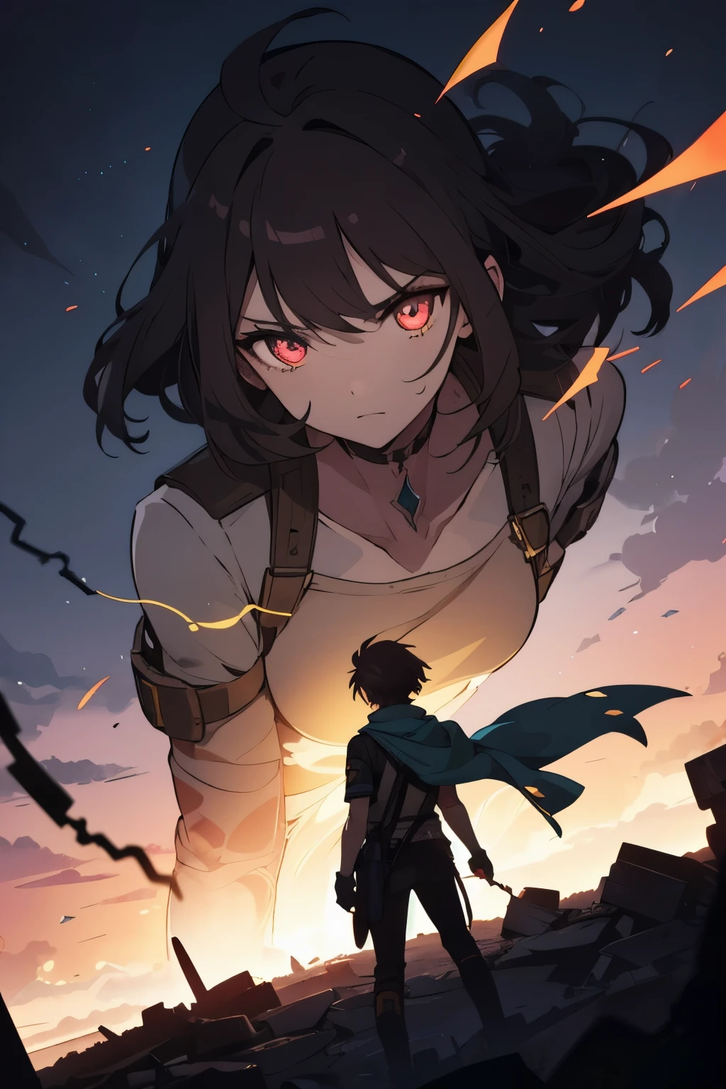 "An anime-style post-apocalyptic scene with a crimson and dark blue sky, showcasing the ruins of futuristic cities and shattered structures. In the foreground, two protagonists stand back-to-back: a young man with short spiky hair, surrounded by glowing metallic shards floating dynamically around him, his expression fierce and determined; and a young woman with flowing dark hair and soft bangs, holding glowing radiant vines emitting a faint green light, her face showing resilience and compassion. Behind them, a colossal glowing crystal—the 'Evolution Core'—floats in mid-air, radiating an ominous, otherworldly aura. The background features debris and shadowy figures blending into the mist, emphasizing tension and mystery. The anime art style should highlight vivid colors, dramatic lighting, and sharp details to evoke emotion and a sense of epic adventure."