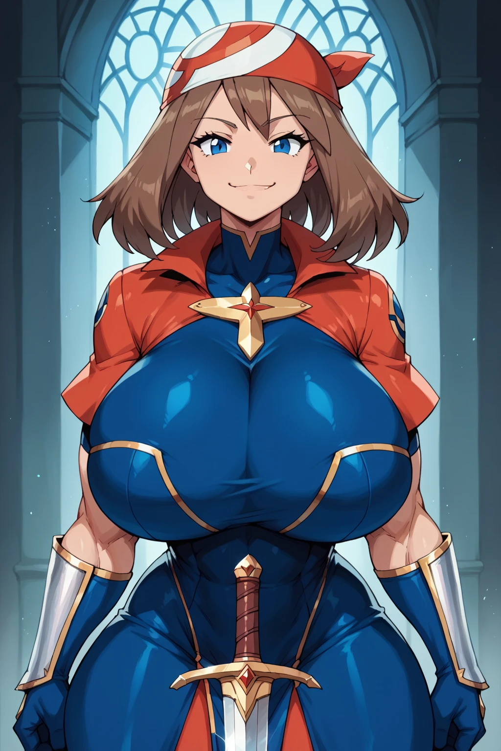 score_9, score_8_up, score_7_up, score_6_up, BREAK, pokemonmay, solo, blue eyes, brown hair, medium hair, 
(sword saint outfit: 1.2),
torso, smug smile, (huge bust: 1.4), toned, muscles, hourglass body, 
