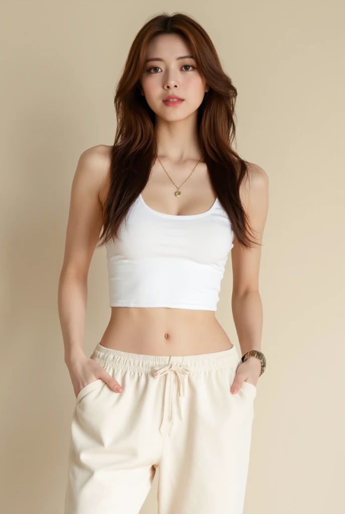 A young woman, likely in her late teens or early twenties, with light skin, long, wavy, light brown hair, and a neutral complexion. She is posing confidently, standing from the mid-thigh up, with a neutral, serene facial expression. and her gaze straight to camera. She wears a simple, cropped white tank top with thin straps. The top is form-fitting, and the fabric appears smooth and soft. She is wearing relaxed fit, off-white, drawstring pants, with a gathered waistband. A subtle gold chain necklace and a wristwatch complete her ensemble. The lighting suggests a bright indoor setting with soft, diffused light, casting no harsh shadows, which creates a calm and relaxed mood. The background is a plain, pale beige wall. The overall style is elegant, modern, and simple. The composition is centered, with the subject positioned just slightly off-center, showcasing her from the mid-chest up maintaining eye contact with the camera. The colors are soft and muted, with the focus on the natural tones. The pose is relaxed, yet graceful.