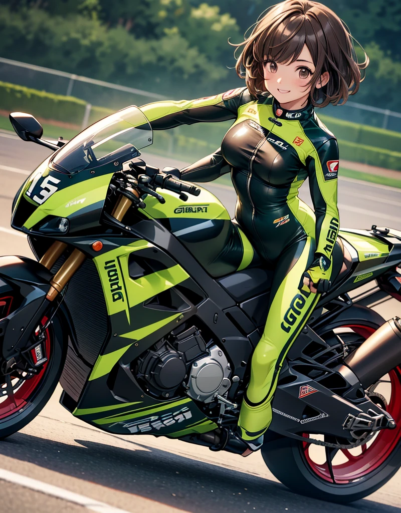  1 girl, solo,  high res, chest,  blush,  smiles,  short hair , bangs,  brown eyes,  high res, masterpiece, accurate,  anatomically correct,  wins numerous awards, 最 High Quality , high detail,  high definition model ,  High Quality ,  retina,  very detailed,  Ultra Fine, Brown Hair, standing, ((( GREEN LEATHER RACING SUIT ))), circuit field background , GREEN SPORTS BIKE ,  wear a green racing suit all over, Leather gloves,  open your mouth and laugh, Highlight the whole body,  don't reveal your skin, During a circuit race, Motorcycle circuit , motorcycle circuit,  racing suit with sponsor logo , ( 1 girl, Well-proportioned body,  cute face,  short hair:1.2), (最 High Quality ,  high res,  anime style to cover left eye,  Motorsports rider with digital drawing mode  ,  realistic :1.1), MotoGP rider,  pose beside a Moto GP bike with a helmet in hand,  depth of field ,  Circuit Background ,  detailed texture with helmet in hand, No. 15, 