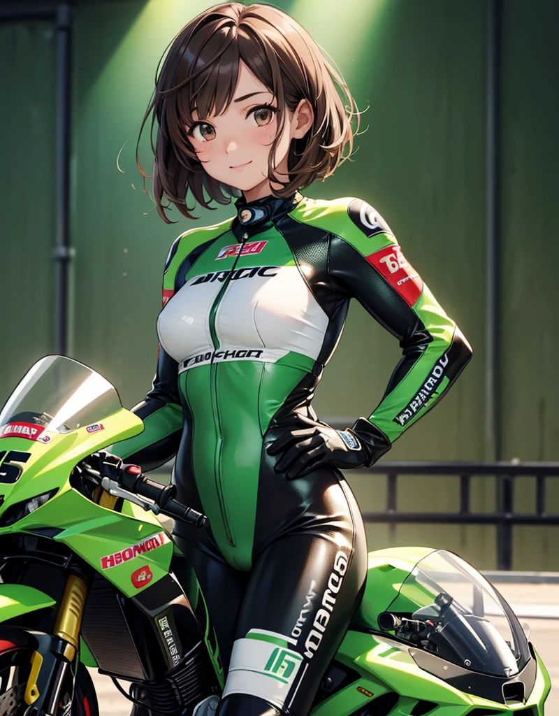  1 girl, solo,  high res, chest,  blush,  smiles,  short hair , bangs,  brown eyes,  high res, masterpiece, accurate,  anatomically correct,  wins numerous awards, 最 High Quality , high detail,  high definition model ,  High Quality ,  retina,  very detailed,  Ultra Fine, Brown Hair, standing, ((( GREEN LEATHER RACING SUIT ))), circuit field background , GREEN SPORTS BIKE ,  wear a green racing suit all over, Leather gloves,  open your mouth and laugh, Highlight the whole body,  don't reveal your skin, During a circuit race, Motorcycle circuit , motorcycle circuit,  racing suit with sponsor logo , ( 1 girl, Well-proportioned body,  cute face,  short hair:1.2), (最 High Quality ,  high res,  anime style to cover left eye,  Motorsports rider with digital drawing mode  ,  realistic :1.1), MotoGP rider,  pose beside a Moto GP bike with a helmet in hand,  depth of field ,  Circuit Background ,  detailed texture with helmet in hand, No. 15, 