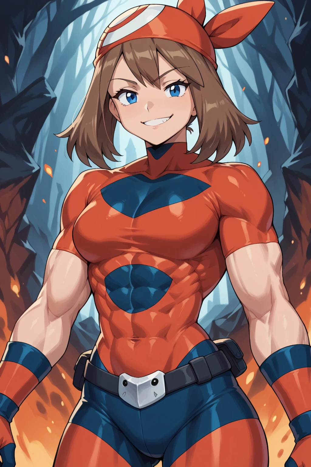 score_9, score_8_up, score_7_up, score_6_up, BREAK, pokemonmay, solo, blue eyes, brown hair, medium hair, 
(hell knight outfit: 1.2),
torso, smug smile, (huge tits: 1.4), toned, muscles, hourglass body, 
