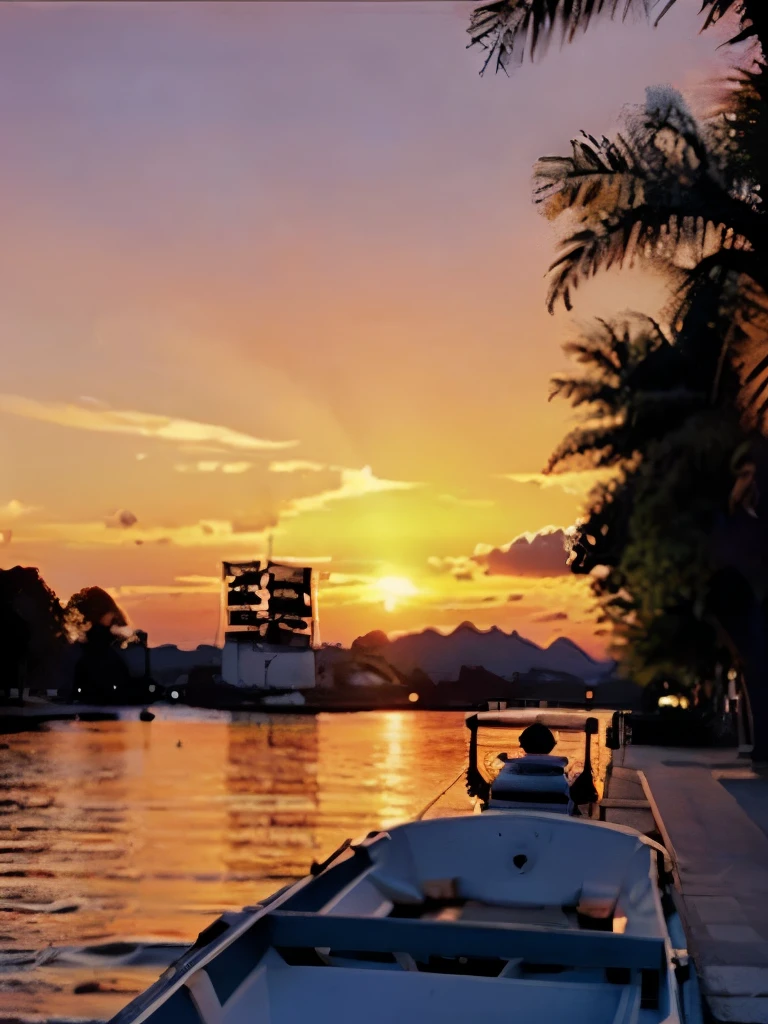 a sunset over the water with a boat in the foreground and trees in the background, a picture by Francisco de Holanda, shutterstock, fine art, warm beautiful scene, beautiful sunset, orange sun set, beautiful sunrise, the most beautiful sunset, sun sunset, orange sunset, sunset red and orange, sunset sunrise, very beautiful photo, beautiful sunset glow, golden sunset