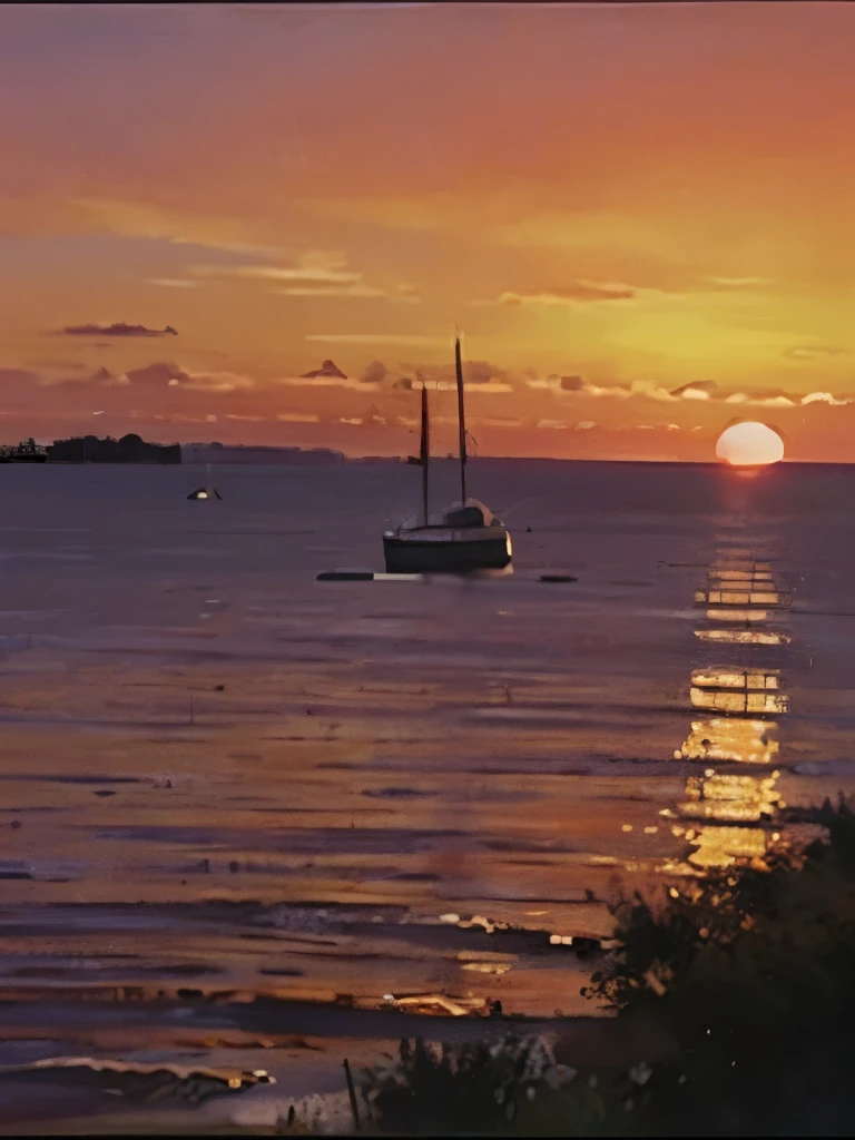 a sunset over the water with a boat in the foreground and trees in the background, a picture by Francisco de Holanda, shutterstock, fine art, warm beautiful scene, beautiful sunset, orange sun set, beautiful sunrise, the most beautiful sunset, sun sunset, orange sunset, sunset red and orange, sunset sunrise, very beautiful photo, beautiful sunset glow, golden sunset